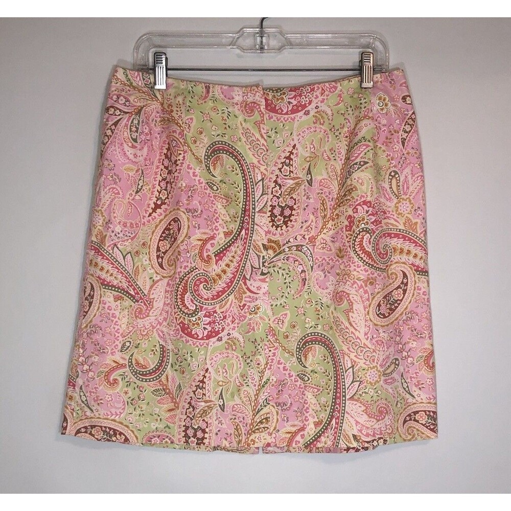 TALBOTS - PINK & LIME PAISLEY/FLORAL PRINT COTTON STRAIGHT SKIRT - MISSES 14 EUC
